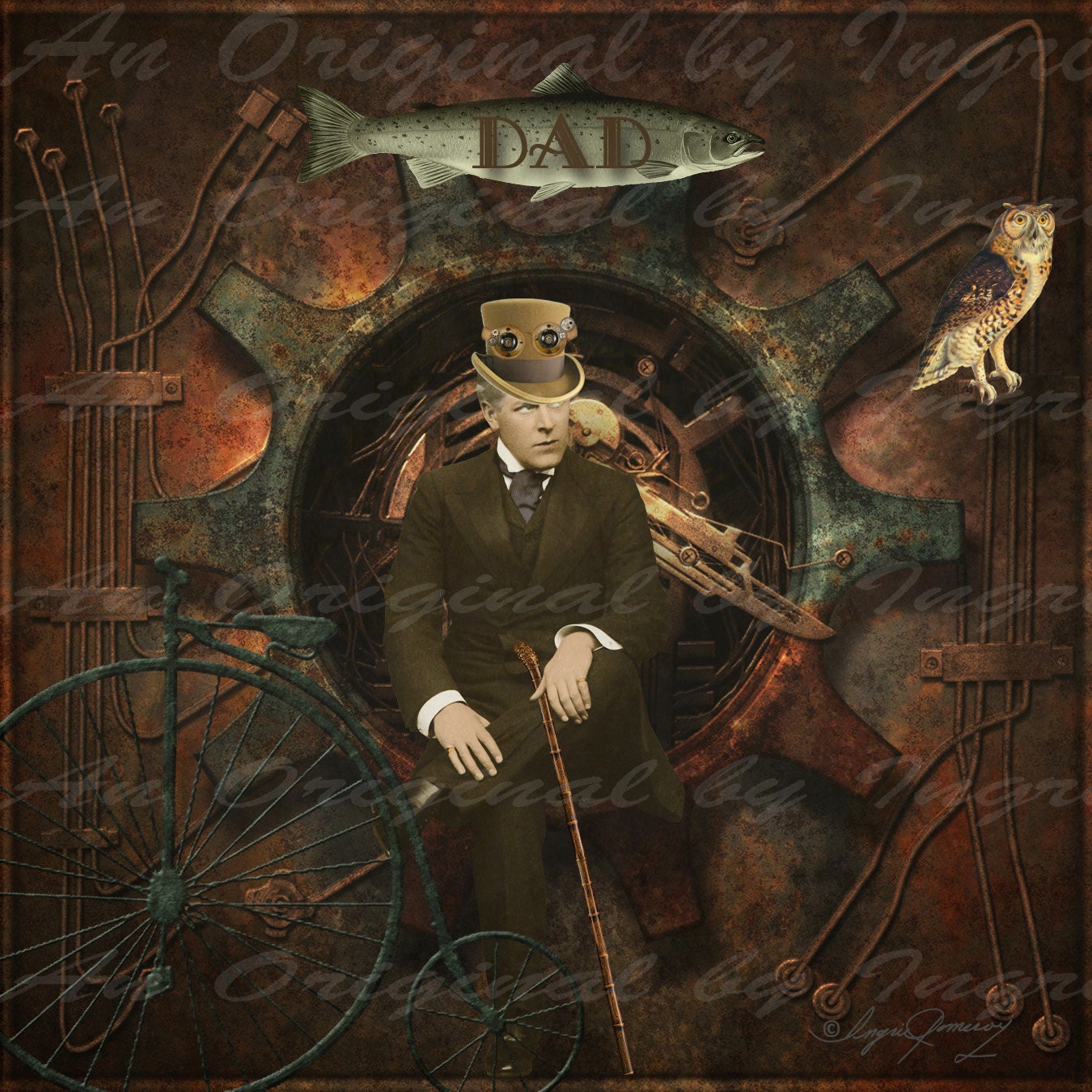 Steampunk Dad Digital Collage Greeting Card (Suitable for Framing)