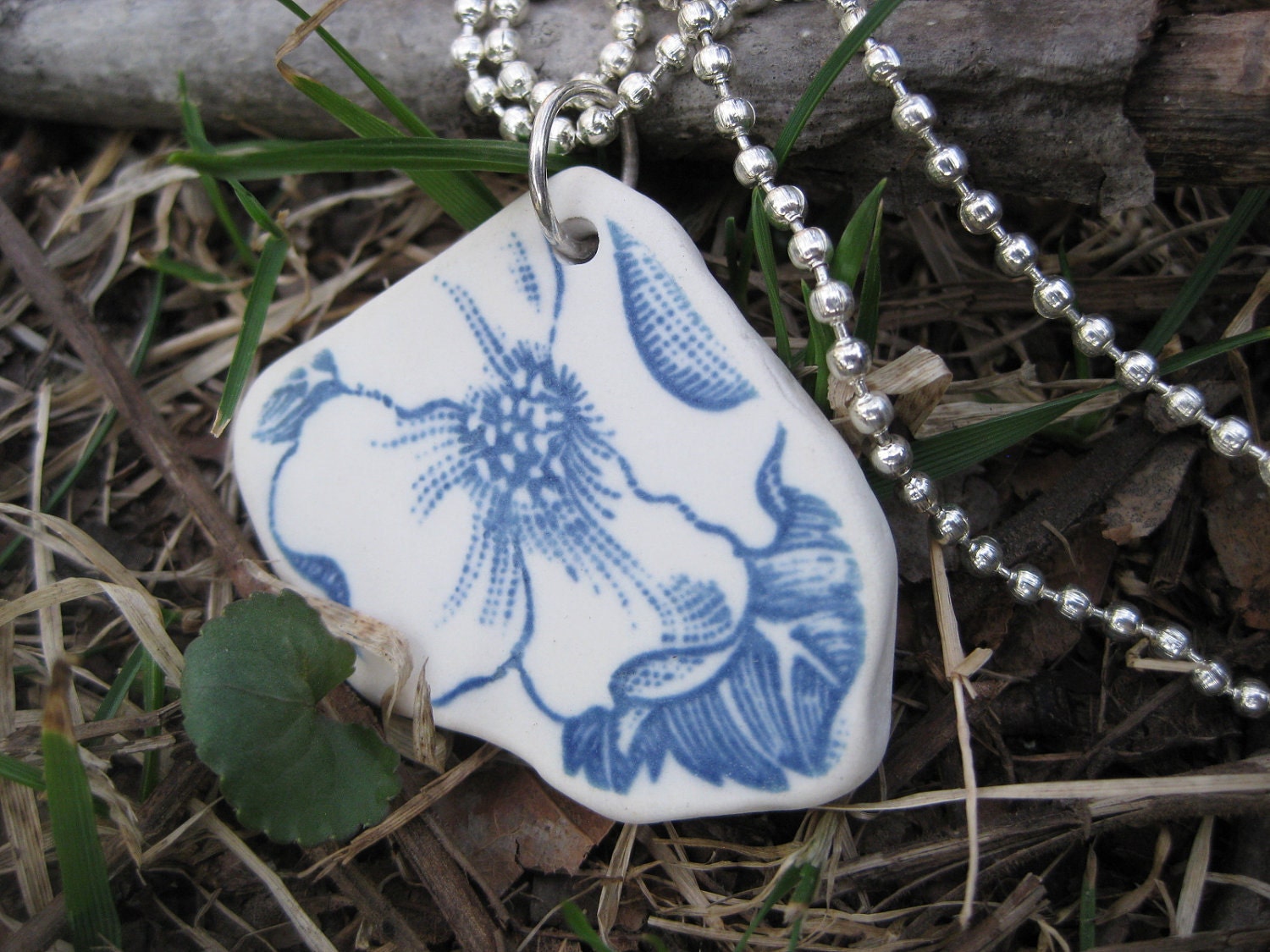 Blue petal flower pendant TUMBLED POTTERY TrAsH gLaSs