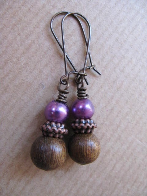 Chocolate Truffle - Purple Pearl and Wood Beaded Antiqued Brass Earrings