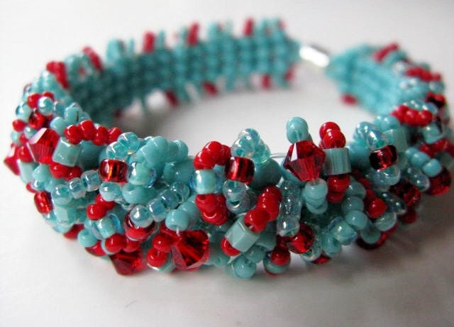 Caterpillar Bracelet - Turquoise and Red Swarovski Accented Beadwoven No-No Bracelet - Southwest Dreams READY TO SHIP - BeadedTail