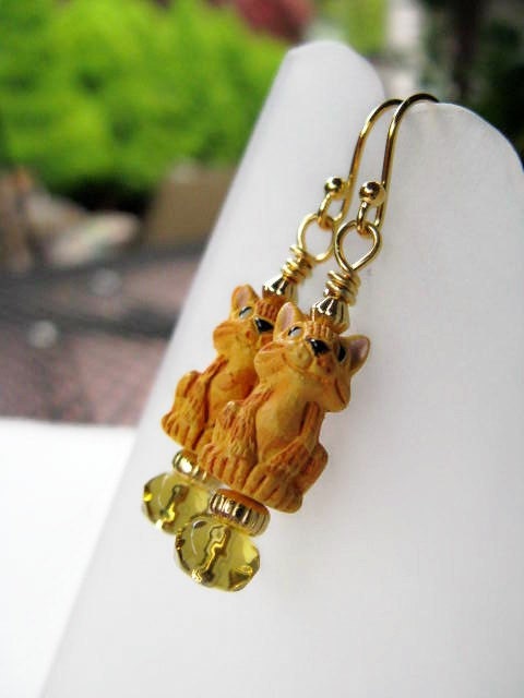 Dobby - Orange Ceramic Kitty Cat Beaded 14K Gold Filled Earrings