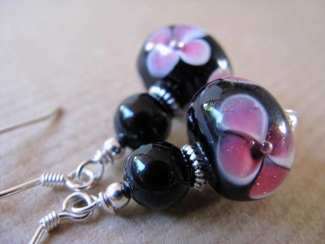 SALE Black Onyx and Pink Flower Lampwork Glass Beaded Sterling Silver Earrings - Midnight Dahlia