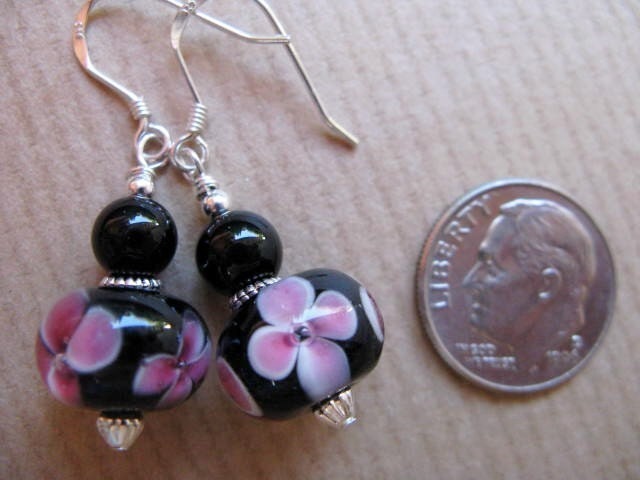 SALE Black Onyx and Pink Flower Lampwork Glass Beaded Sterling Silver Earrings - Midnight Dahlia