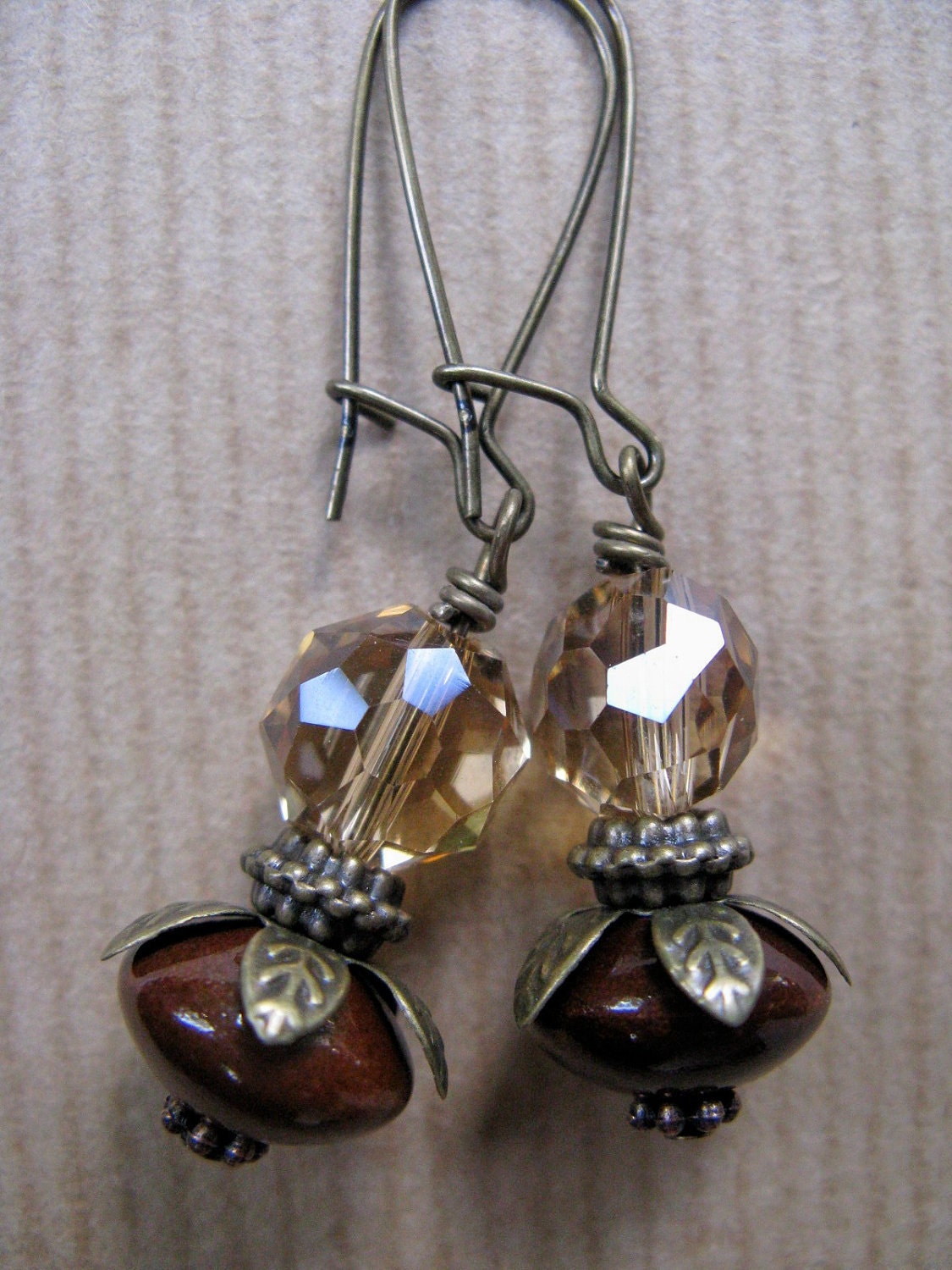 Root Beer - Brown Ceramic and Faceted Glass Beaded Antiqued Brass Earrings