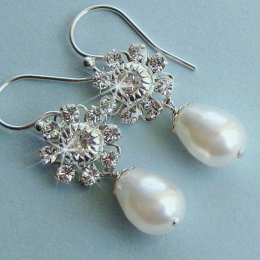 Pearl Earrings - Pearl Drop and Crystal Flower Wedding Earrings in White or Ivory - Teardrop Pearl Bridal Earrings - Wedding Jewelry