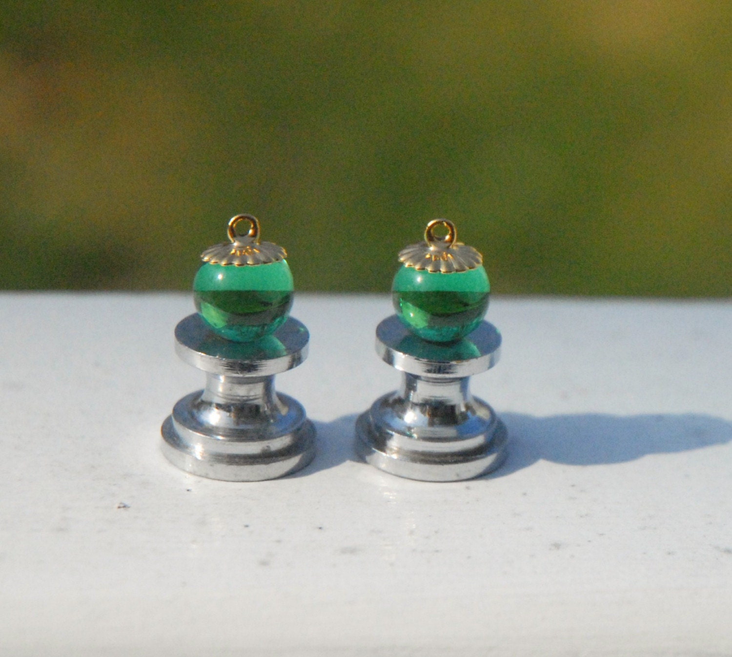 Dangle Bead Glass Drop Pendant - Two (2) Handmade Emerald Green Vintage Marbles