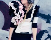 Up-Cycled Kawaii Fashion Patchwork Asymmetrical Sweater in Soft Pink & Black Angora Knit with Ruffle Puff Sleeve by Janice Louise Miller