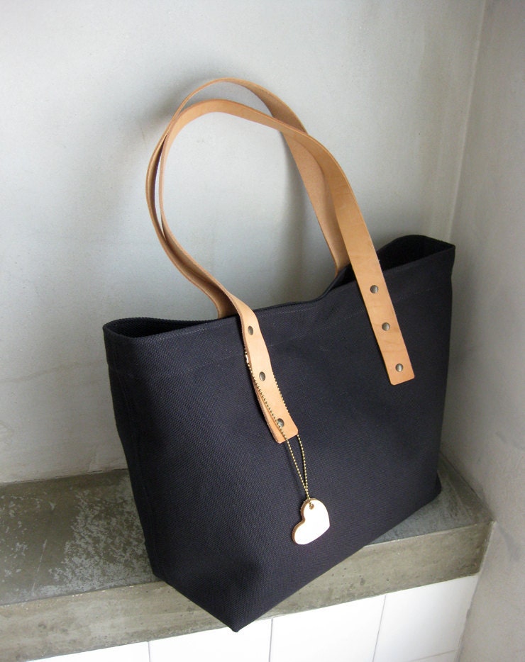 Bag Tote Canvas Black with Leather Straps by avivaschwarz on Etsy