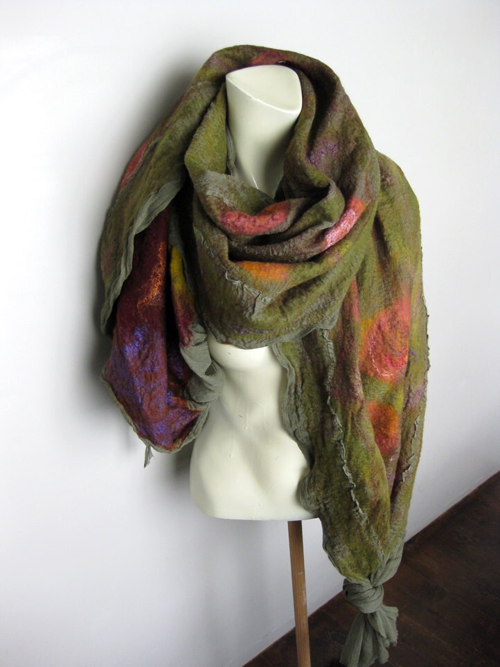 Felted Scarf Wool Silk Shawl Nuno Earth Colors Green Brown Burgundy Pink Flower