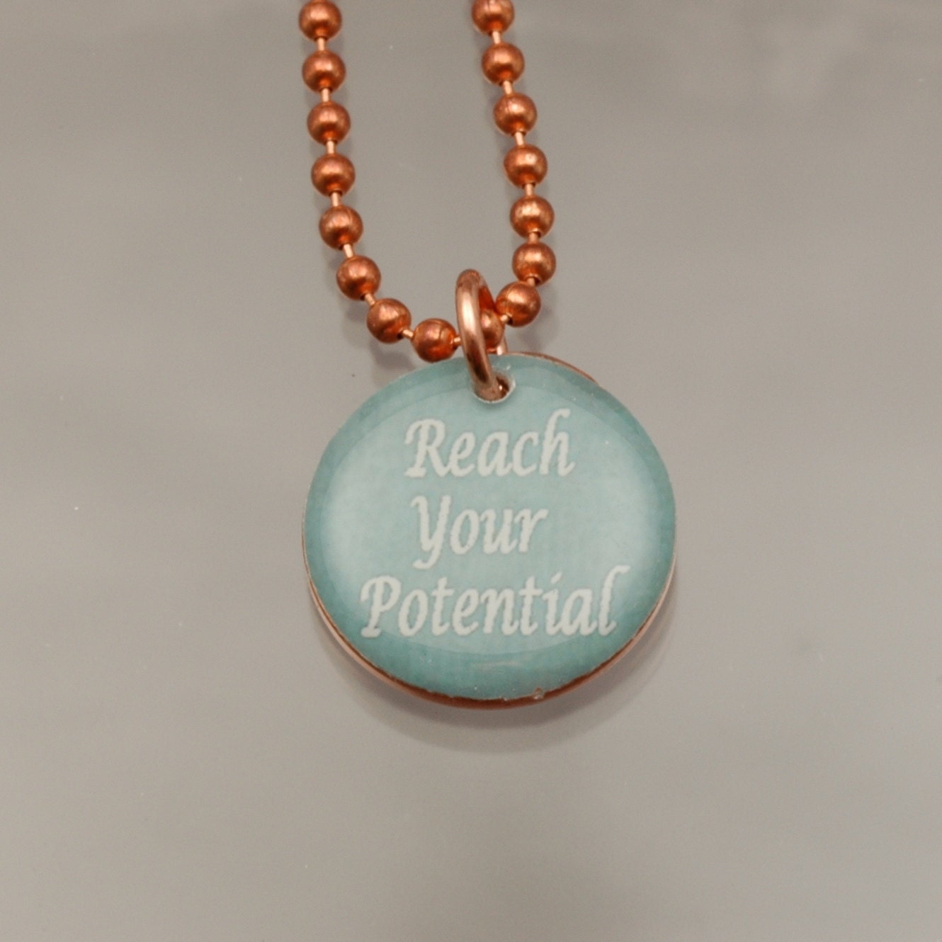 Handmade Copper Affirmation Charm Pendant Necklace Upcycled Repurposed Penny- Reach Your Potential Blue - Womens Jewelry