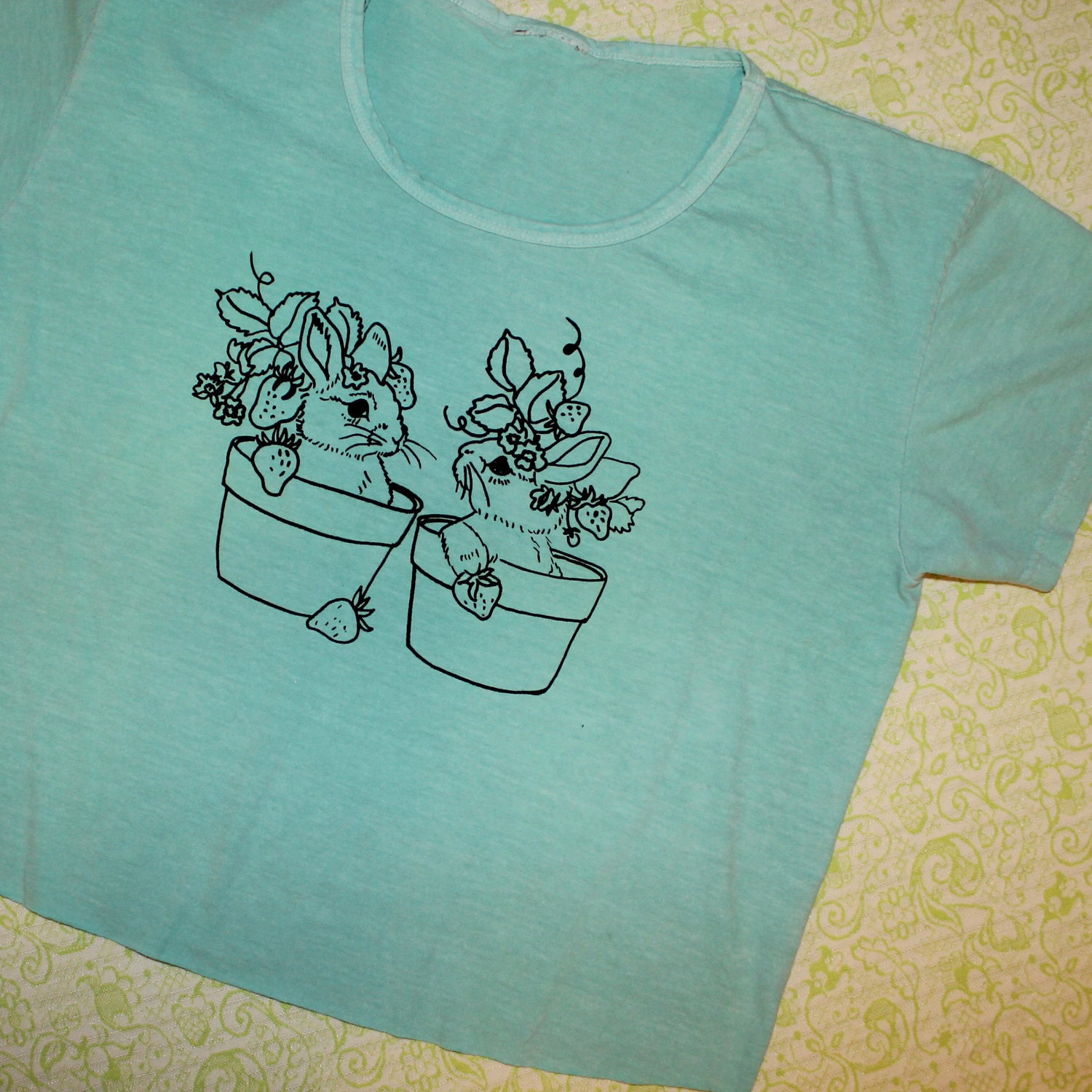 aqua bunny and strawberries crop top