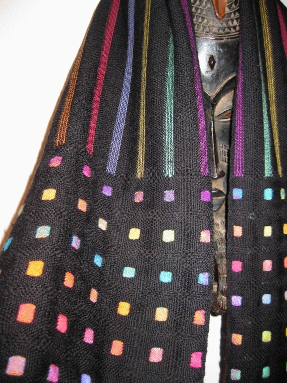 Handwoven Black Wool Scarf with Coloured Squares