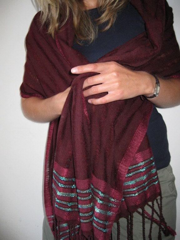 REDUCED - Handwoven Light weight Silk Shawl\/Wrap - Bordeaux and Turquoise