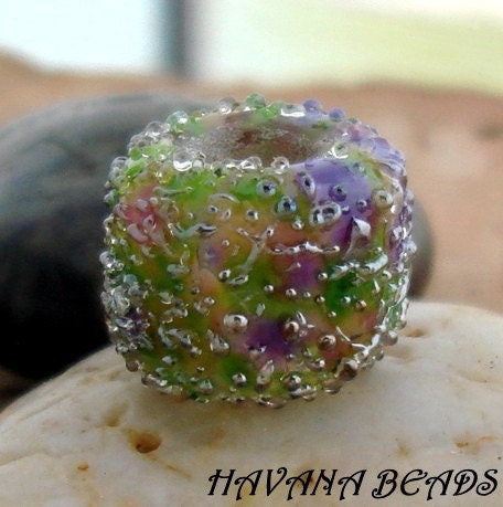 BLOOMING IRIS - Silver Sparkle Large Hole Lampwork Bead, Fits Pandora, Biagi and Troll