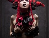 Halloween Costume Wig Victorian Queen of Dark Hearts blood red black with spiral curls horns by Hair Nurse Lana Guerra