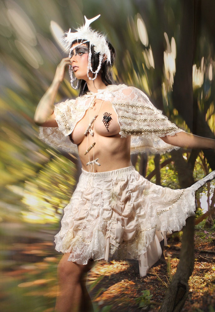Gypsy Couture Skirt ruffly Belly Dance vintage cream white Upcycle full Feminine romantic Eco friendly Tattered