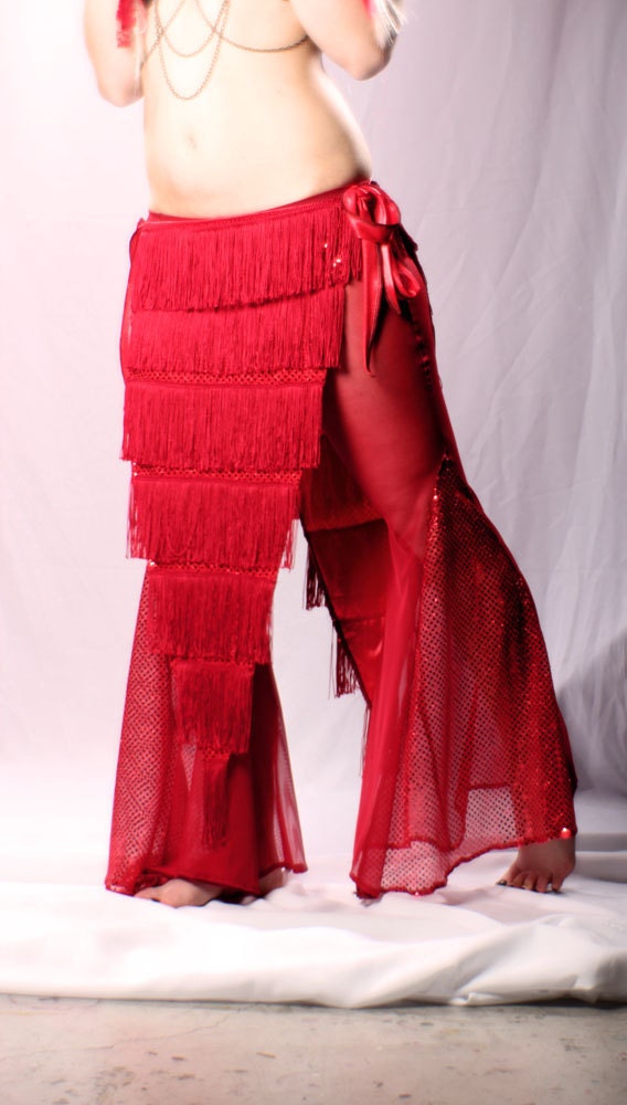 Wide Leg Pants Hip Scarf Skirt Belly Dance sexy Red Sheer Netting bling Gothic Crude Things Mermaid Pants Flapper fringe