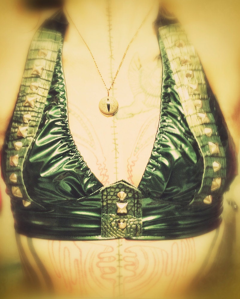 Green Dragon Halter Top, Warrior Goddess Spike Bra pvc alligator skin vinyl Gothic Steampunk Tribal Fusion Belly Dance festival Cosplay