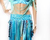 Tattered Mini skirt - Mermaid Blue Waistland Skirt Mad Max Summer Festivals playa Bright turquoise stripe Witchy Small