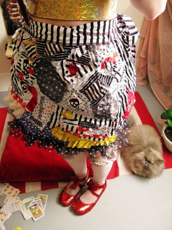 SALE. Skulls, Flowers, Stripes, Dots, Frills, Bustle Looking Patchwork Broken Doll Carnival WRAP AROUND Skirt, crude designs by lana AOA
