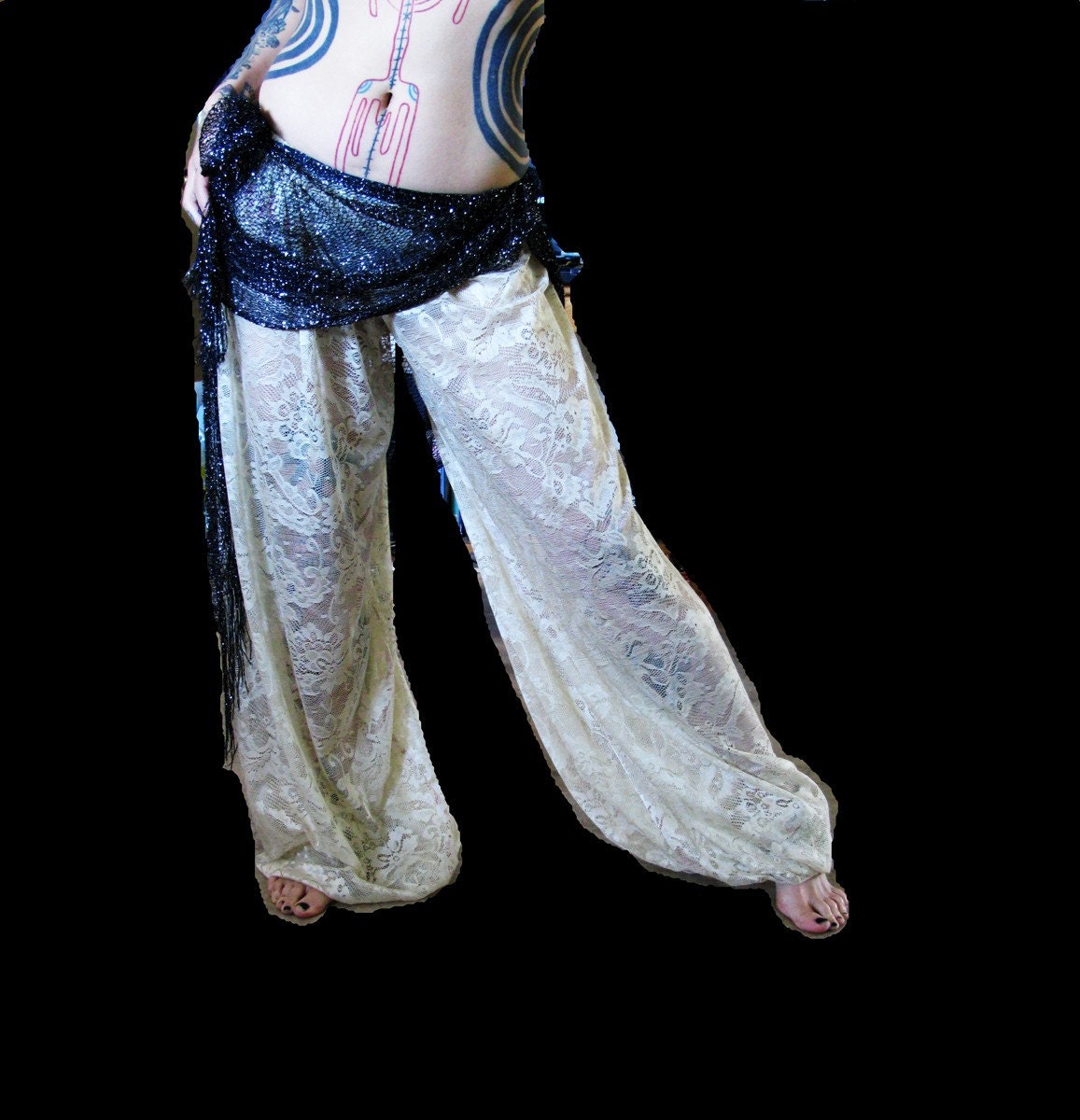 Goddess Harem Pants belly dance White lace Slit Open Leg exotic Turkish floorwork gothic tribal fusion