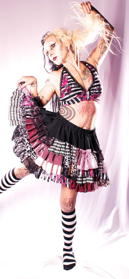 Lolita Circle Skirt. Victorian Princess Ruffle Skirt Patchwork round full Mini twirl spin dance black rose pink white stripes Gothic Lolita