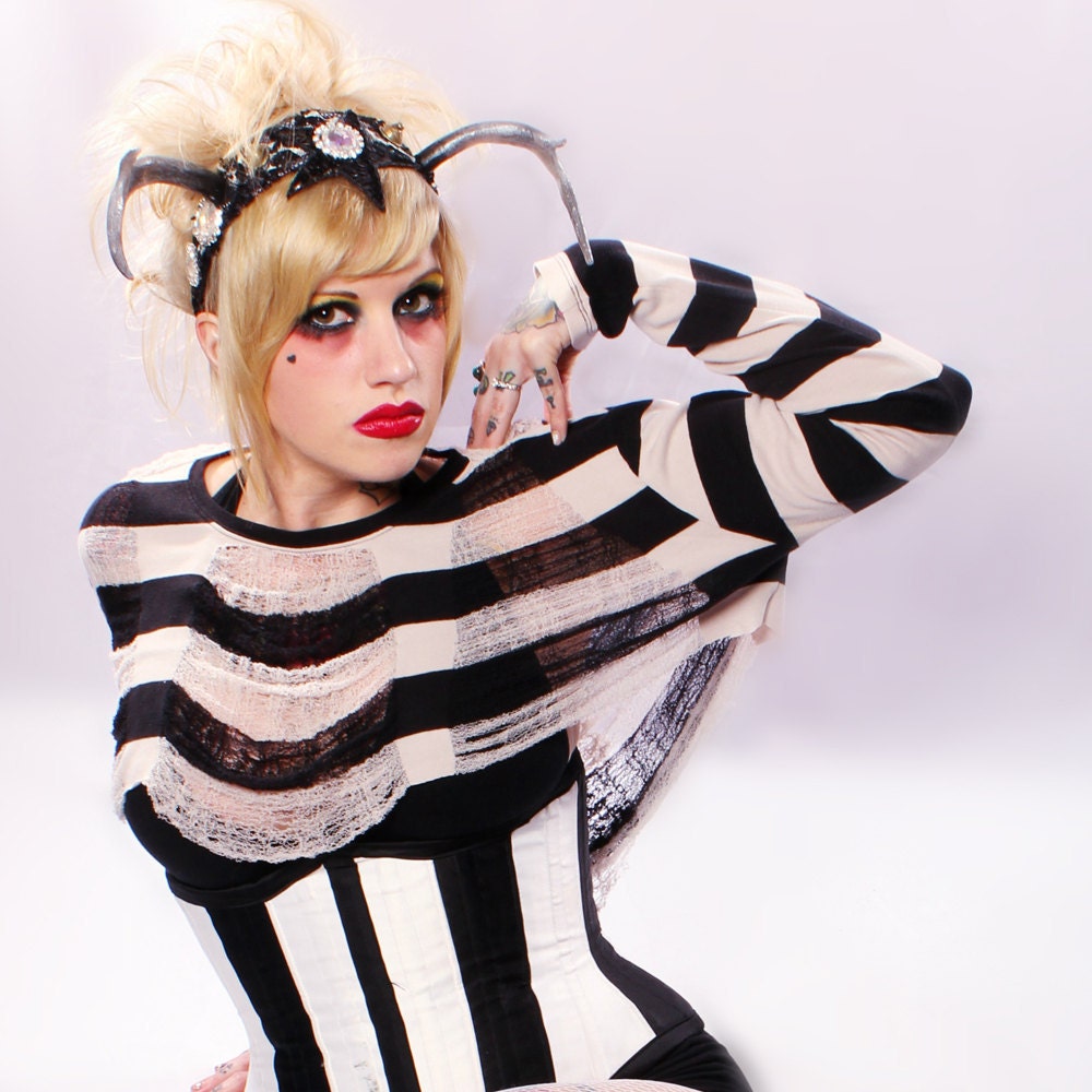 French Carnival Shredded TShirt, black white large stripes Top cropped cotton Eco Upcycle Repurpose Web Back slouchy