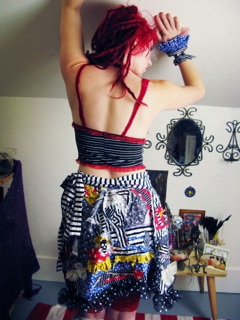 SALE. Skulls, Flowers, Stripes, Dots, Frills, Bustle Looking Patchwork Broken Doll Carnival WRAP AROUND Skirt, crude designs by lana AOA
