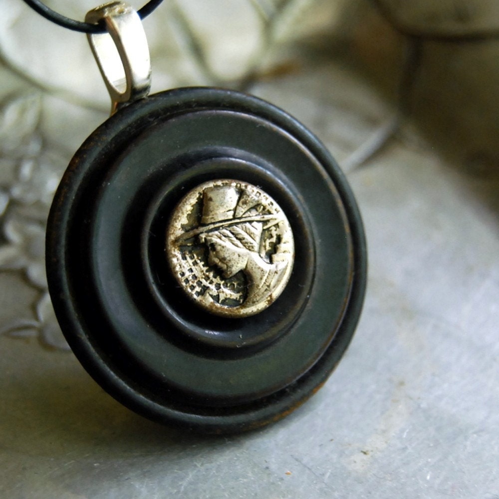 Vintage Button Necklace Country Girl Silver Picture Button Black Eco Friendly Jewelry