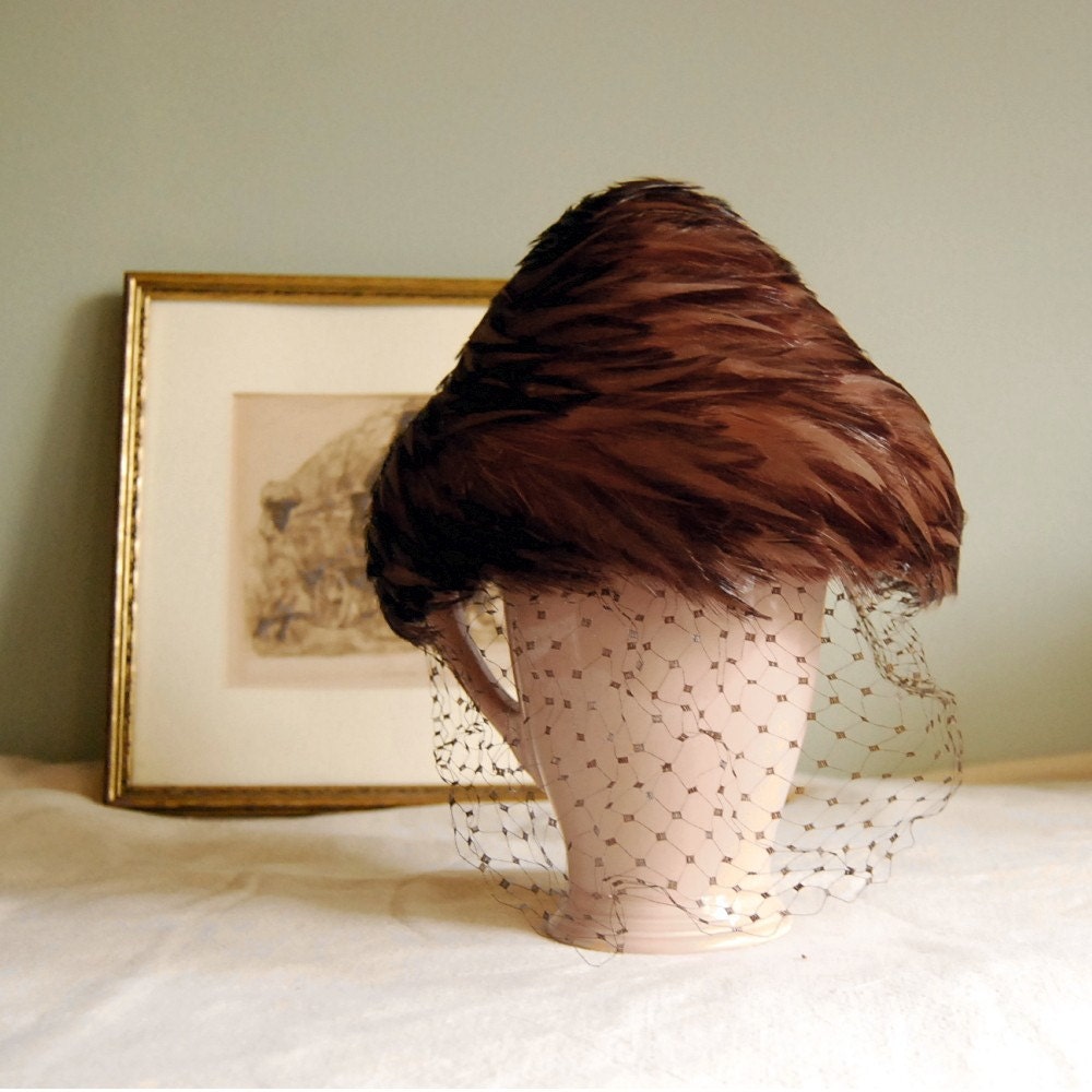 Vintage Hat Feather Beehive Hat in Russet Brown