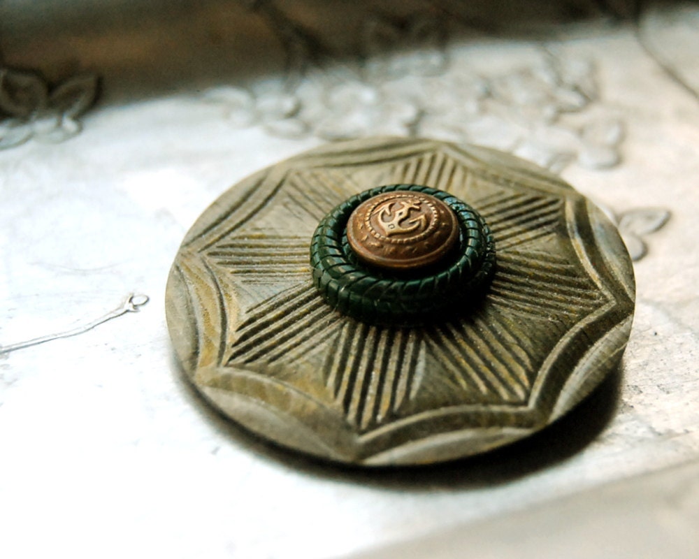 Vintage Button Brooch Brass Anchor Celluloid Button Jewelry - CalloohCallay