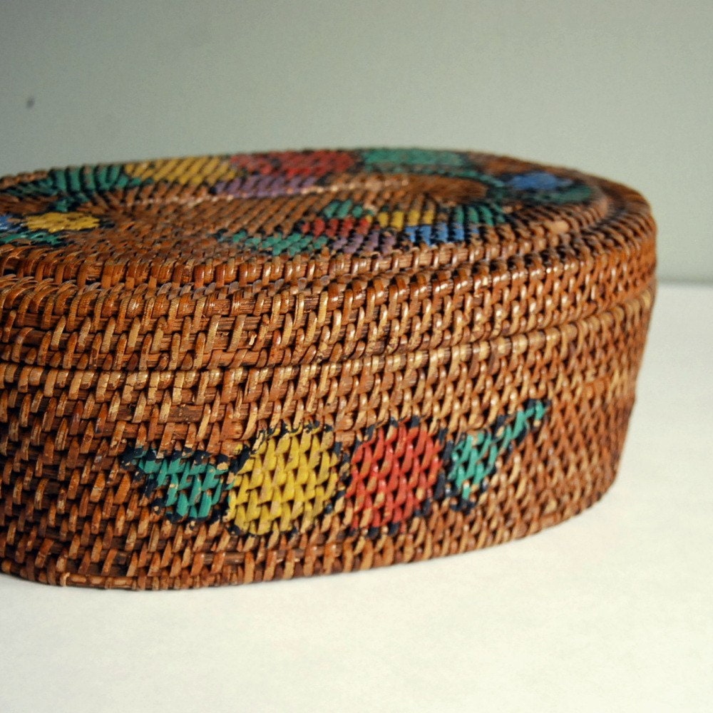 Vintage Sewing Basket, Coiled, Woven, and Painted / Storage Basket Brown Rustic