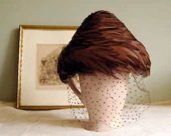 Vintage Hat Feather Beehive Hat in Russet Brown