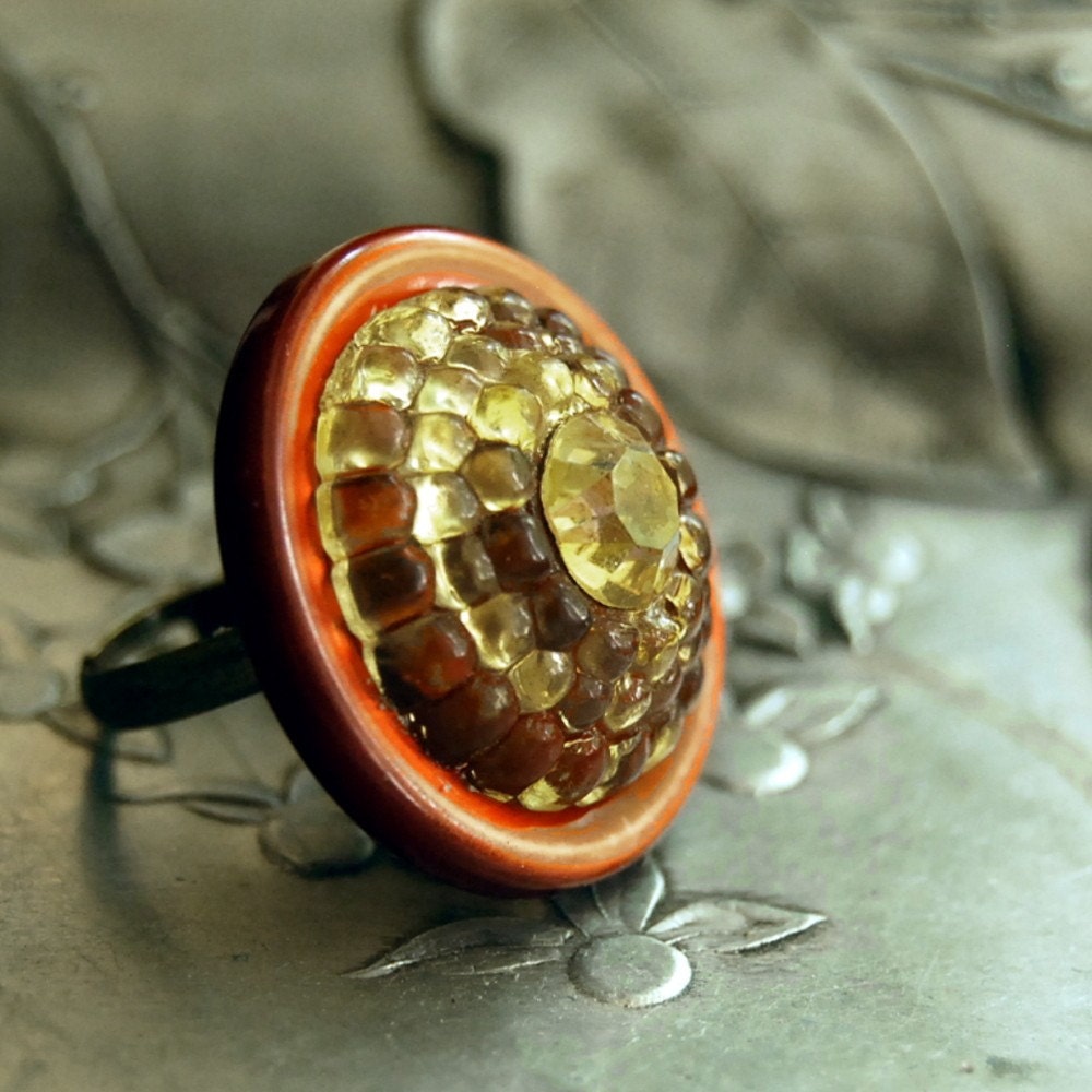Vintage Button Ring Cocktail Ring Golden Glow Button Jewelry