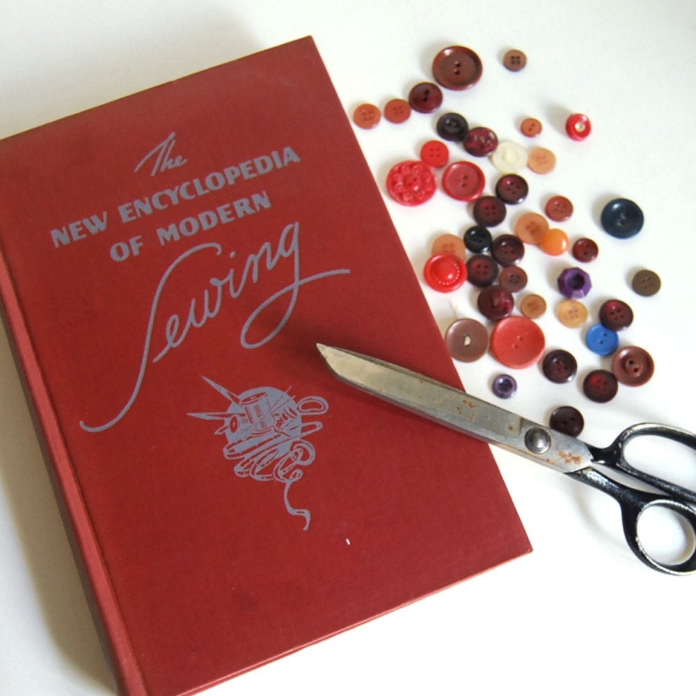 1946 Vintage Book New Encyclopedia of Modern Sewing Book, Plus Scissors and Buttons Burgundy Red