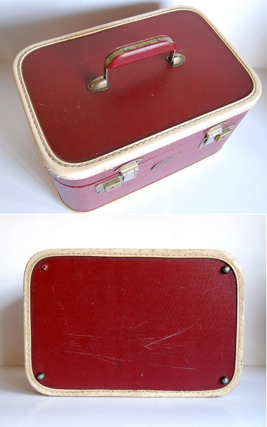 Reserved for Annabella -- Vintage Luggage Train Case Burgundy Red Horn Pennantone Rice Stix Suitcase