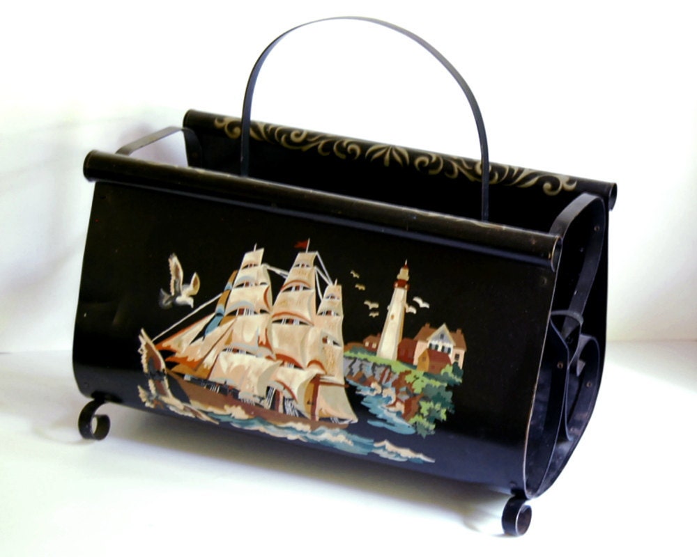 Vintage Magazine Rack Paint By Number Metal Tole Painting Black Holder 1950s Tole Craft Nautical