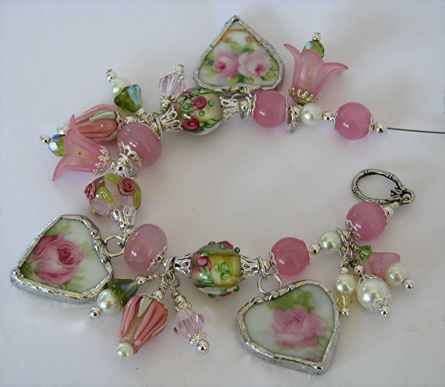 Broken China Bracelet - Charm Bracelet - Handmade Vintage China Bracelet - Pink Rose Bracelet