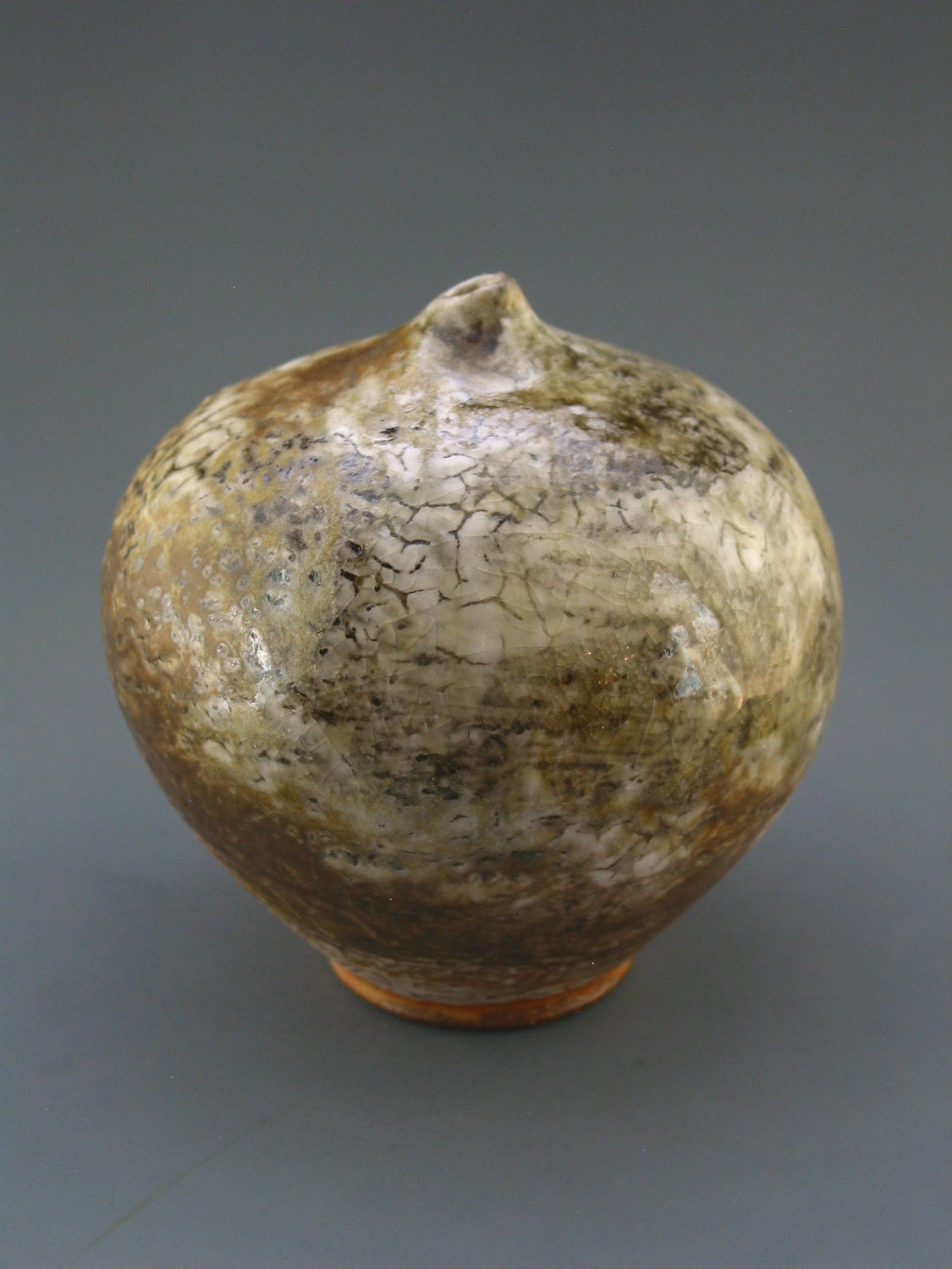Ikebana Vase, wood-fired stoneware w/ crawling shino and natural ash glazes