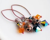 Sugar Skulls Earrings, Day of the Dead Swarovski Crystals Orange Black, Dia de los Muertos Halloween Antique Copper