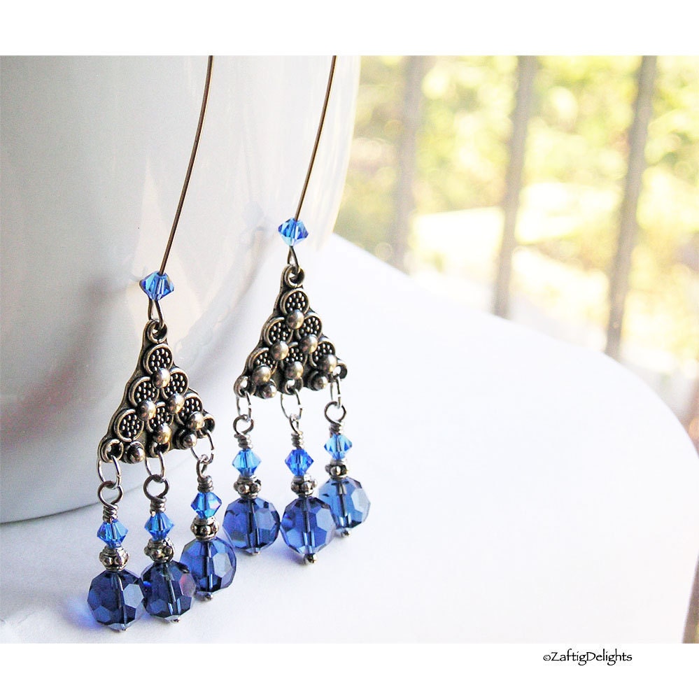 Antique Silver Earrings, Sapphire Swarovski Crystals, Extra Long, Triangle Dangles