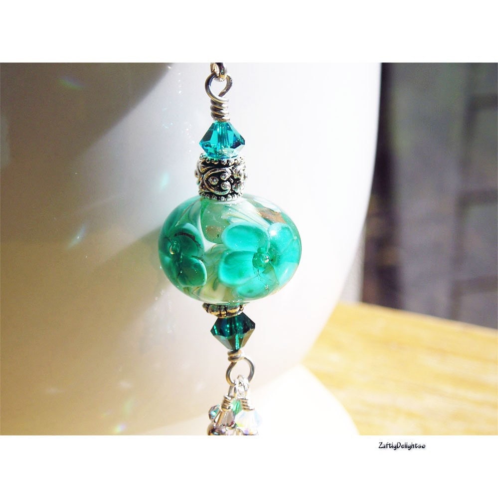 Pendant Necklace, Lampwork Glass Sunken Flower Tropical Teal Turquoise Swarovski Crystals