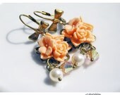 Earrings, Spring Bouquet Flower Pearl Swarovski Crystals, Brass Bow Wires