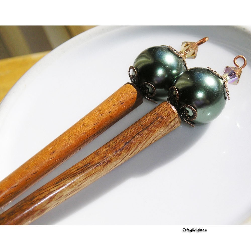 Hair Sticks HairStyx for Long Hair, Large Moss Green Glass Pearls on Koa Wood w Swarovski