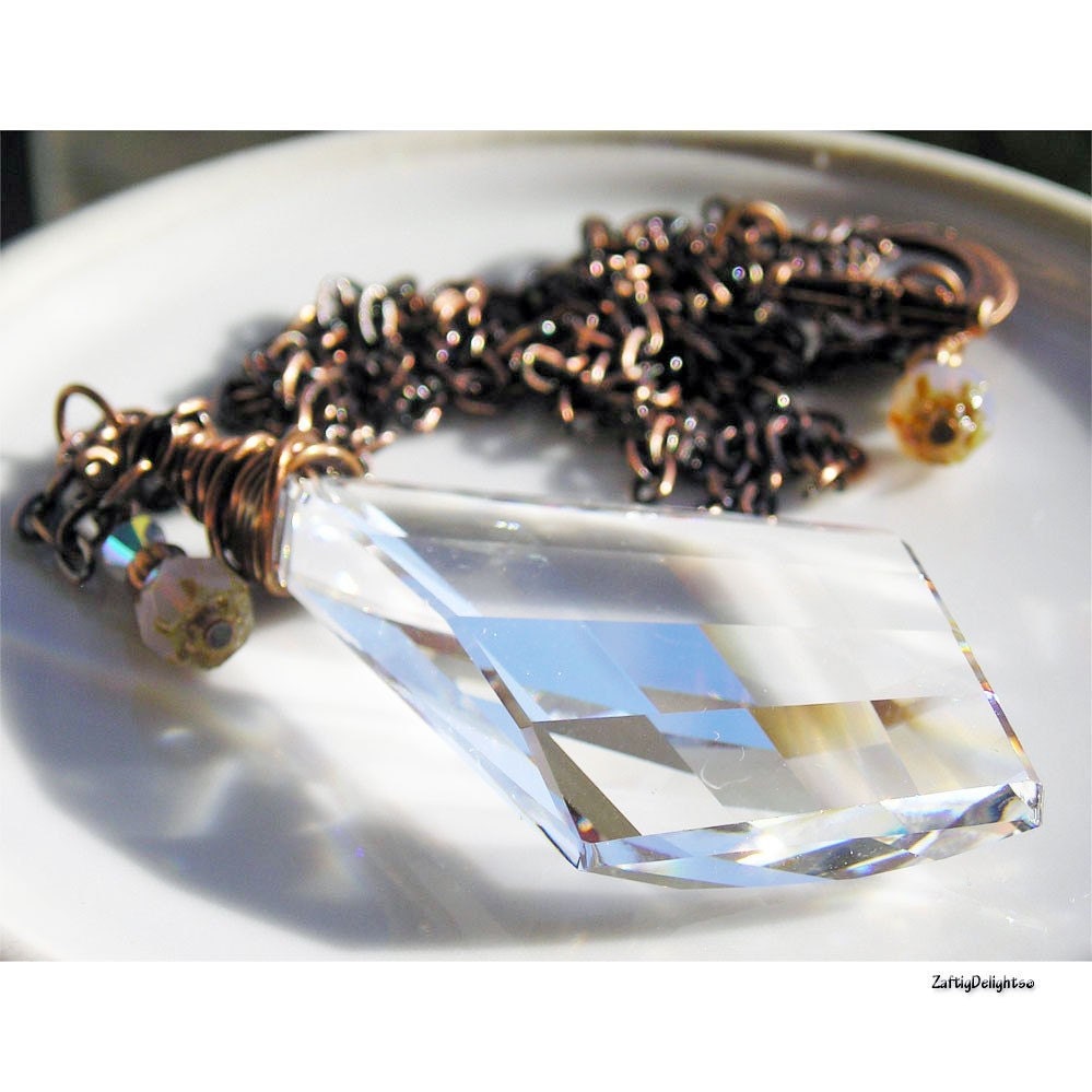 Necklace Pendant, Vintage Large Swarovski Crystal Charms Antique Copper Wire Wrapped