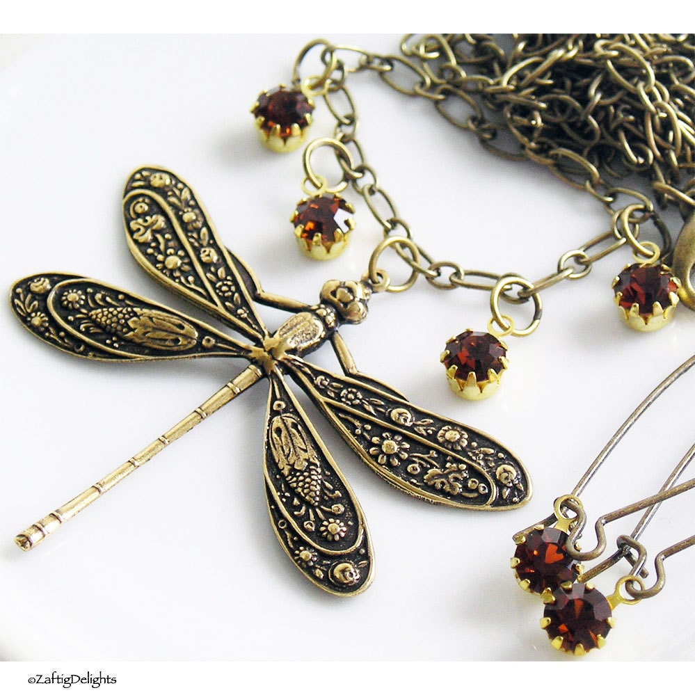 Necklace Earring Set, Dragonfly Amber Topaz Rhinestones Antique Brass