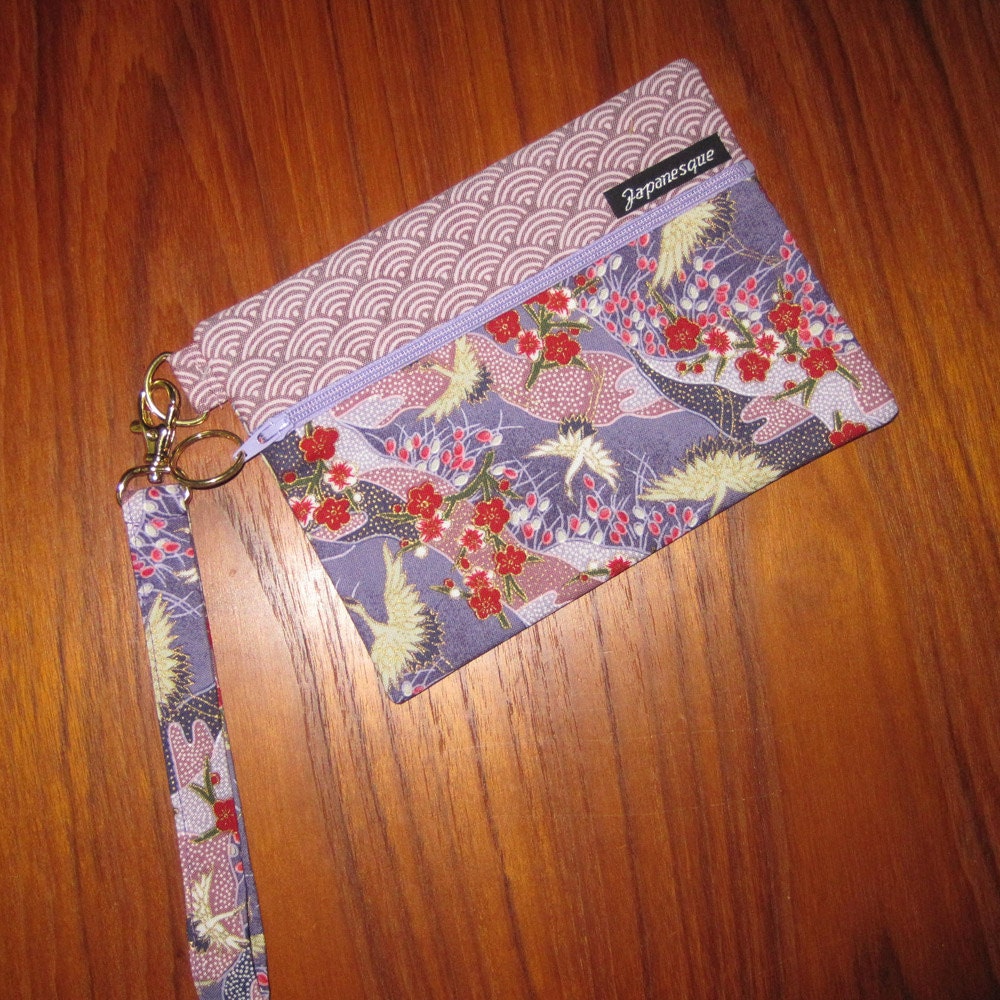 Wrist Strap Zippered Wallet Pouch Flying Cranes Design Japanese Asian Fabric