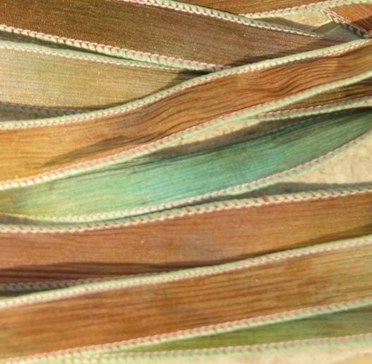 Beaches Silk Ribbons Hand Dyed Sewn Silk 5 Strings  Brown Tan Aqua Green
