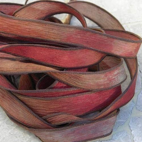 Old Spice 5 Silk Ribbons Watercolor Hand Sewn and Dyed Rust Brown Tan Lavender Jamn