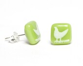 Spring Green Bird Earrings Glass Studs White Enamel Sterling Silver 925